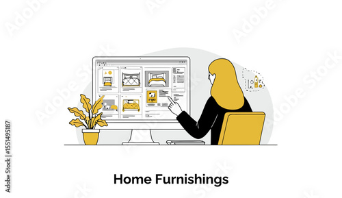 A female interior designer in a black blazer is reviewing home furnishing options on a computer screen in a home office setting.