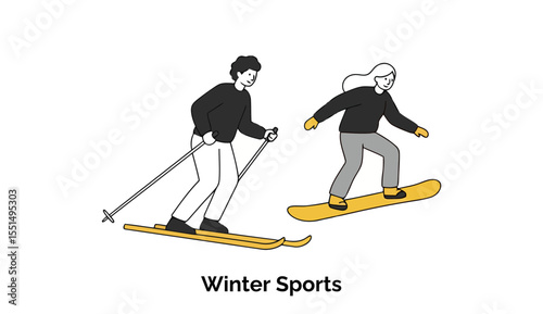 Adult male and female engaged in winter sports, skiing and snowboarding, in a mountain location. Active adults enjoying winter sports at a mountain resort. illustration style.