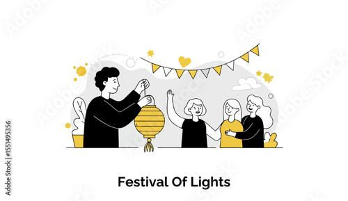 Young adults celebrating a festival of lights, decorating and interacting joyfully outdoors. Group of friends decorating with lanterns at a light festival.