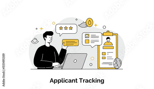 Applicant tracking system with modern design elements. Young man in casual clothing reviews and processes applicant data on a laptop, with various application data and feedback displayed around him.