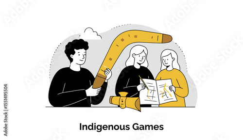 Indigenous people playing traditional games, holding and studying game instructions. Group of diverse adults participating in cultural activity outdoors.