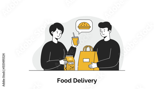 Young adults exchanging food delivery order in casual wear. Smiling individuals, one handing off order bag, another receiving it, in a modern urban setting.