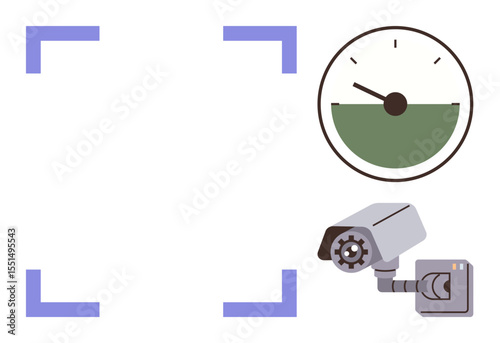 Surveillance camera angled for observation, speedometer with green zone highlighting control. Ideal for security, monitoring, safety, observation, focus, alertness technology. Minimalist flat