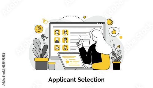 A female professional reviewing applicant profiles on a computer screen in a modern office setting. She is pointing at a profile, highlighting the applicant selection process.
