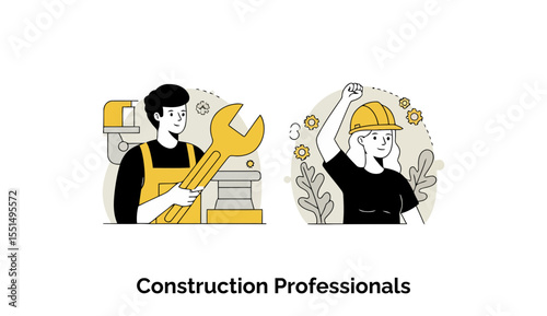 Construction professionals, including a woman in a hardhat, hold tools on a job site, suitable for content promoting diversity in construction, safety, or skilled trades.