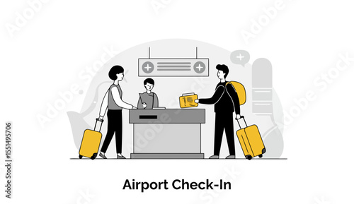 Adult travelers receive documents at an airport check-in counter, representing the travel process and ideal for use in airline, tourism, or international travel content.