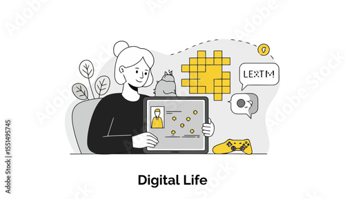 A young woman in casual attire examines a digital profile on a tablet, surrounded by elements of a digital lifestyle, including gaming and social media.