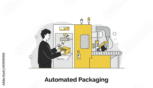 Automated packaging process with a male worker in a dark suit overseeing and assisting a machine in a factory setting.