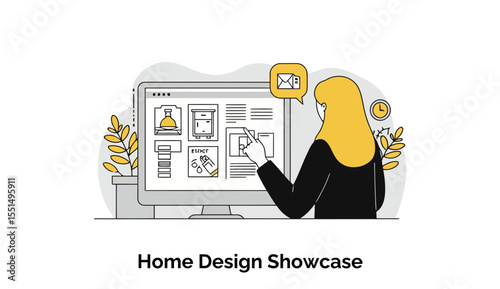Female home designer reviewing home design plans on a computer screen. Young professional in hijab interacting with virtual home plans in a contemporary office setting.