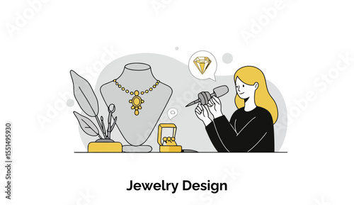 Female jewelry designer examining a piece on a mannequin in a jewelry store setting. Focused and skilled, the designer scrutinizes a necklace in a display location.