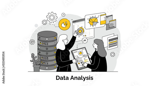 Two female data analysts in formal attire collaborate on business data in a bright office, ideal for showcasing workplace diversity, analytics, and technology-driven teamwork.