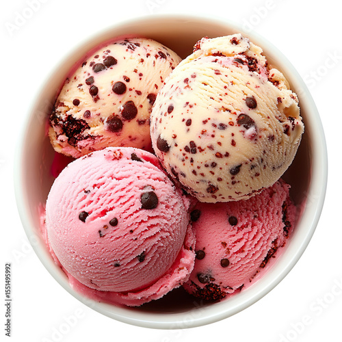 Ice Cream Scoops in Bowl on White, top down ice-cream scoops with isolated on a white background photo