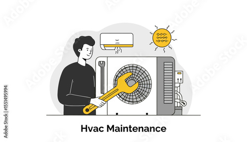 HVAC Technician performing maintenance on an outdoor unit in a residential setting. The technician is holding a wrench and working on the unit under a sunny day.
