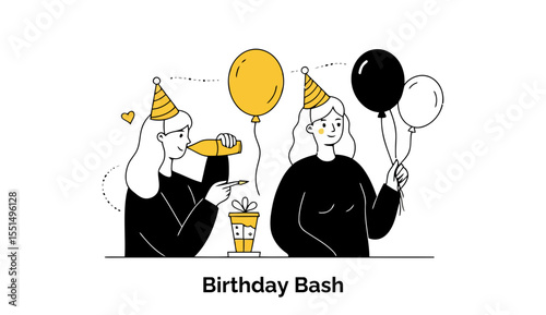Two young women in party hats and black sweaters celebrate a birthday with balloons and a gift. Engaged in jovial actions, they are enjoying a party indoors.