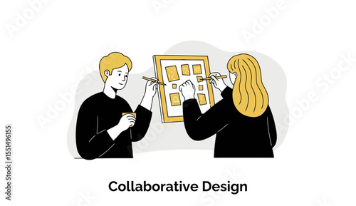 Young adult male and female colleagues collaborating on a design project, wearing black clothing and situated in a modern office setting.