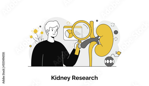 Young male researcher in a black shirt examines kidney functions in a medical research setting. Male researcher studying kidney health with data visualization in a medical lab.