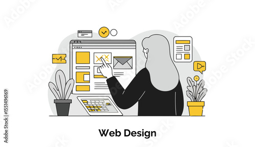 Female web designer in professional attire interacting with website interface in a modern office setting. Concentrated focus on webpage elements in a home office.