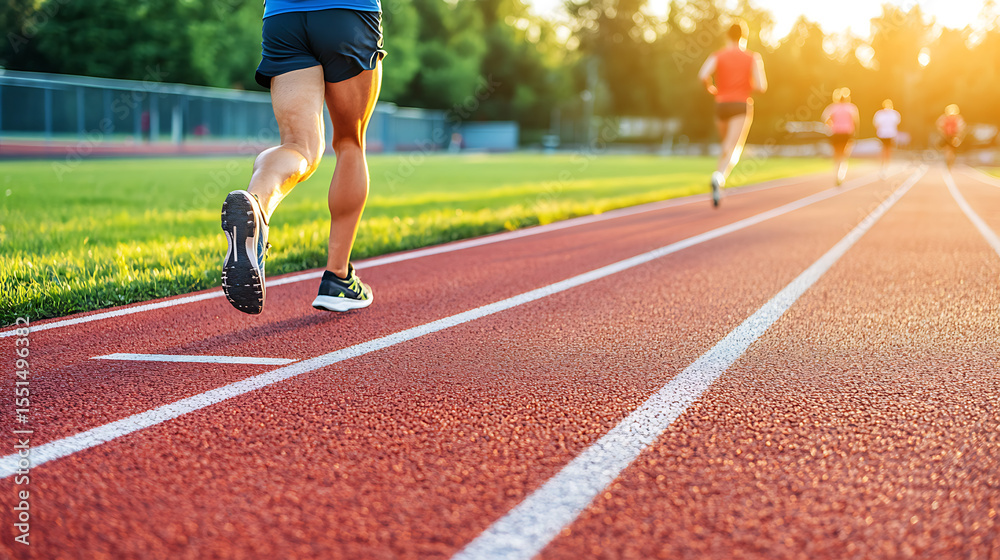 Obraz premium Athletes running on track at sunset, training for competition