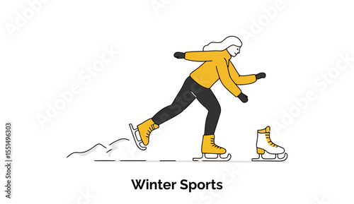 A woman in yellow winter clothing skates outdoors on ice. Action shot of a female athlete in motion, showcasing winter sports in a snowy landscape.