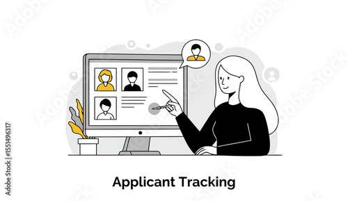 A female professional reviews job applicant profiles on her computer in a modern office, ideal for content about recruitment, hiring software, or human resources strategies.