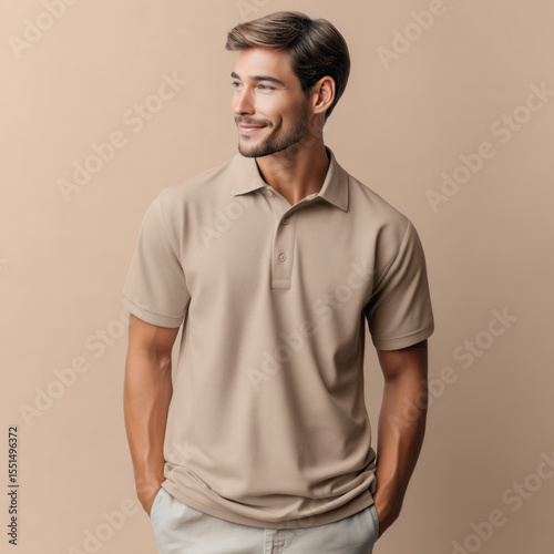 Beige polo shirt mockup. Handsome male model posing in sand polo t-shirt. Blank short sleeve polo tshirt template	