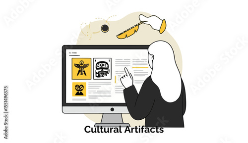 Female researcher in business attire studying digital cultural artifacts on a computer screen. Examining and pointing to historical information on screen.