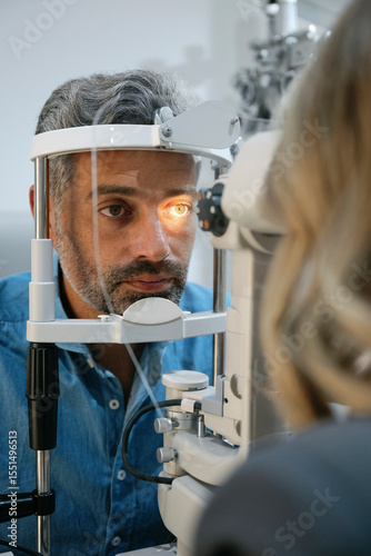 Man undergoing eye examination at a clinic with bright light illuminating his eye