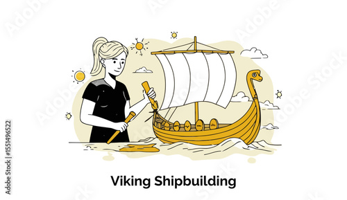 A young woman in a black shirt is meticulously working on a Viking longship, demonstrating the historical craft of ship construction on a sandy shore.