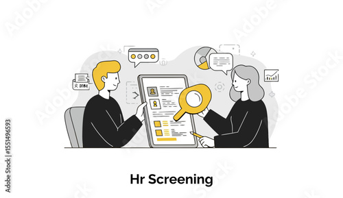 Two HR professionals reviewing candidate profiles on a tablet. Examining resumes and data in a modern office setting.