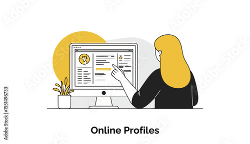A young woman in a black top reviews online profiles on a computer screen in a home office setting. A female professional at work, reviewing candidate profiles, a home office -