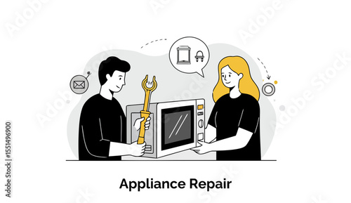 A male and female customer service representatives in casual black clothing, are engaged in an appliance repair interaction in an office setting.