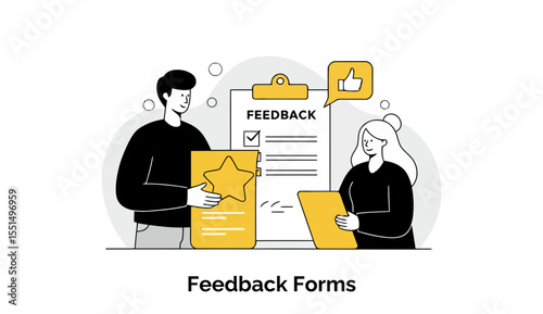 Young adults in casual clothing exchanging feedback forms in a modern office setting. A man presenting a certificate of appreciation and a woman recording feedback in a professional environment.