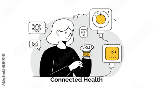 Young woman in a black shirt observing connected health devices in a modern setting. She is looking at a smart watch and monitoring related medical equipment.