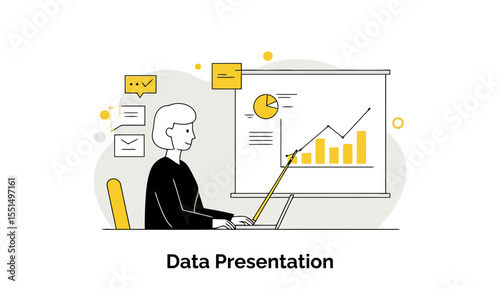 A woman in a business professional setting presenting data on a screen. She is pointing to a chart of financial results with a pointer in a modern meeting room.