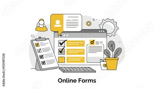 Online forms with various fields displayed on a computer screen with checklist items and a keyboard in the foreground. Modern digital documentation with workplace tools.