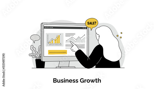 Female entrepreneur in professional attire presenting business growth data on a computer screen in an office setting. Female business analyst reviewing sales figures in a modern office space.
