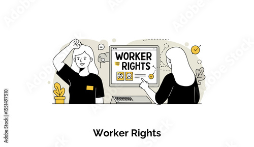 Two young women in casual wear discussing worker rights at a meeting. One woman gestures with a raised arm towards a computer screen displaying worker rights information.