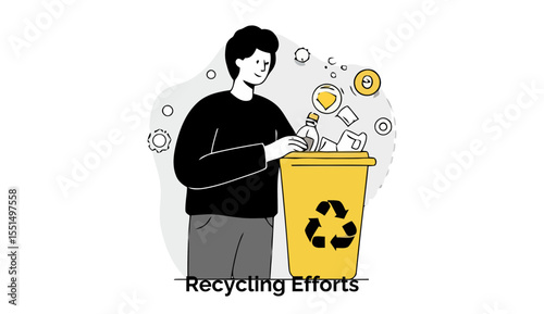 Man placing recyclable items in a yellow bin with a recycling symbol, illustrating environmental conservation efforts. Citizen performing a recycling action in a public space.