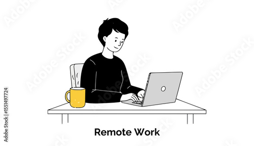 Female professional working remotely at a home office desk. Focused on laptop keyboard, seated in a comfortable chair, a cup of coffee present on the table.