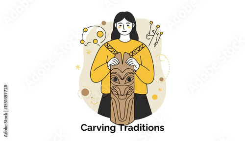 Young woman showcasing Maori carving traditions, holding a carved wooden mask in a stylized, illustrative representation of cultural heritage.