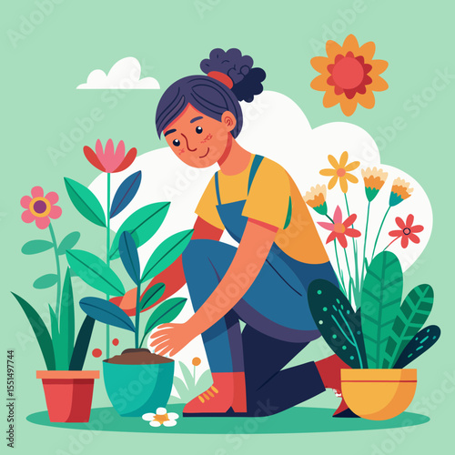 Illustration of a happy woman gardening with various plants and flowers around her

