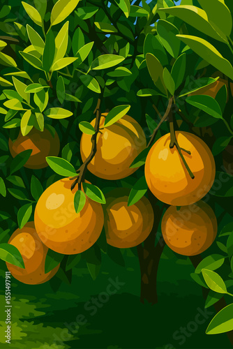 The image depicts ripe honey oranges (Sai Nam Phueng) hanging from a lush green tree. The vibrant oranges are round, with a slightly speckled skin, and are nestled among dense, healthy green leaves. S
