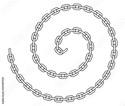 Black and white spiral chain graphic, minimalist flat lay. Symmetrical geometric links radiating from center. Abstract, high-contrast vector on white. Design themes, logos, backgrounds.	