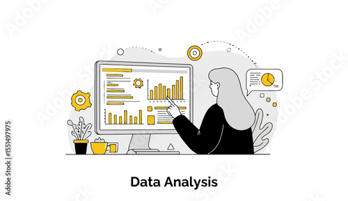 Female data analyst reviewing data visualization on computer screen in office setting. Presenting and analyzing data with charts and graphs.