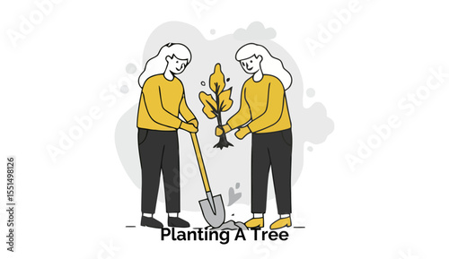 Two women in yellow tops and black pants planting a tree with a shovel in a stylized outdoor scene. Community volunteers planting a sapling with focus on earth day or sustainable living.
