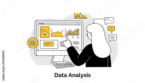 Female data analyst reviewing data on a computer screen in a modern office setting. Focused on computer screen with a finger pointing at the data.