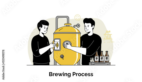 Two male brewery workers in casual clothing adjusting equipment on a large yellow brewing tank in a brewery setting.