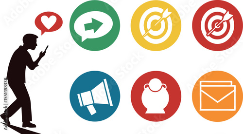 Man using smartphone with social media icons and business goals silhouette isolated on transparent background