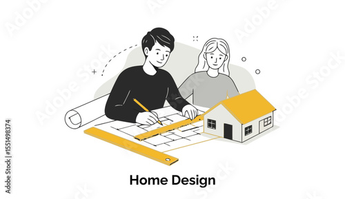 A young couple, both architects, review home design plans at a desk in a bright office, symbolizing collaboration, innovation, and residential architecture for editorial use.