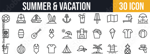 Summer Vacation & Travel Icon Set. Beach, Holiday, Ice Cream, and outdoor line icon set.